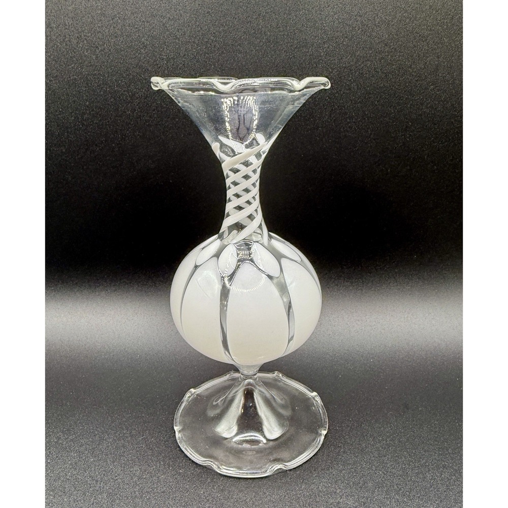 Vintage BIMINI Werkstatte WHITE Art Glass‎ Swirl Lines & Oval Shapes 6" BUD VASE